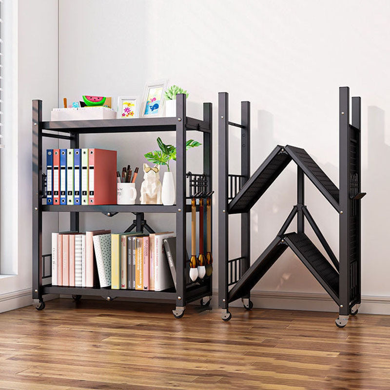 Contemporary Folding Steel Etagere Bookshelf with Caster Wheels 28.3"L x 14.6"W x 33.5"H Black Clearhalo 'Bookcases' 'furn' 'furn_bookcases' 'Furniture' 'furniture_bookcases' 'kitchen' 'kitchen_bookcases' 'Living Room Furniture' 'Office Furniture' 4727126