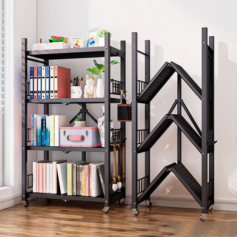 Contemporary Folding Steel Etagere Bookshelf with Caster Wheels 28.3"L x 14.6"W x 47.6"H Black Clearhalo 'Bookcases' 'furn' 'furn_bookcases' 'Furniture' 'furniture_bookcases' 'kitchen' 'kitchen_bookcases' 'Living Room Furniture' 'Office Furniture' 4727127