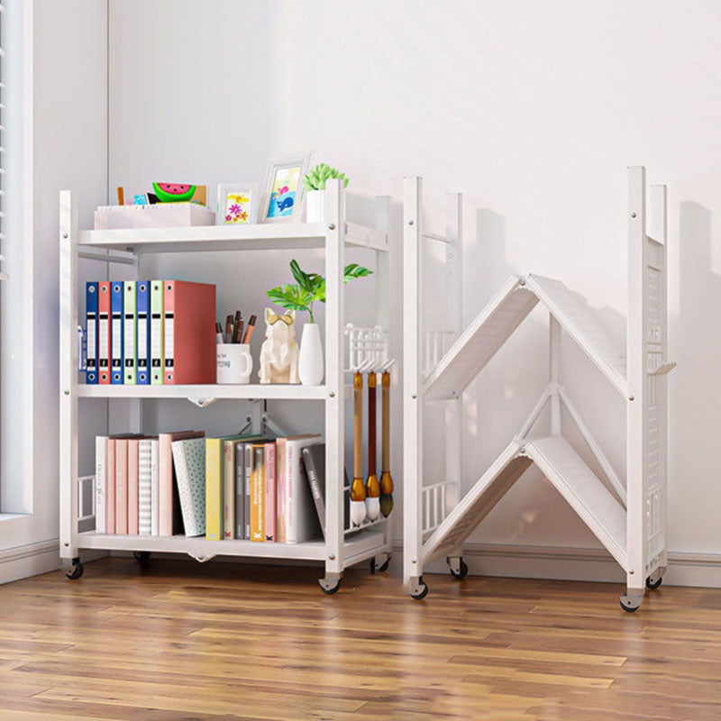 Contemporary Folding Steel Etagere Bookshelf with Caster Wheels 28.3"L x 14.6"W x 33.5"H White Clearhalo 'Bookcases' 'furn' 'furn_bookcases' 'Furniture' 'furniture_bookcases' 'kitchen' 'kitchen_bookcases' 'Living Room Furniture' 'Office Furniture' 4727129