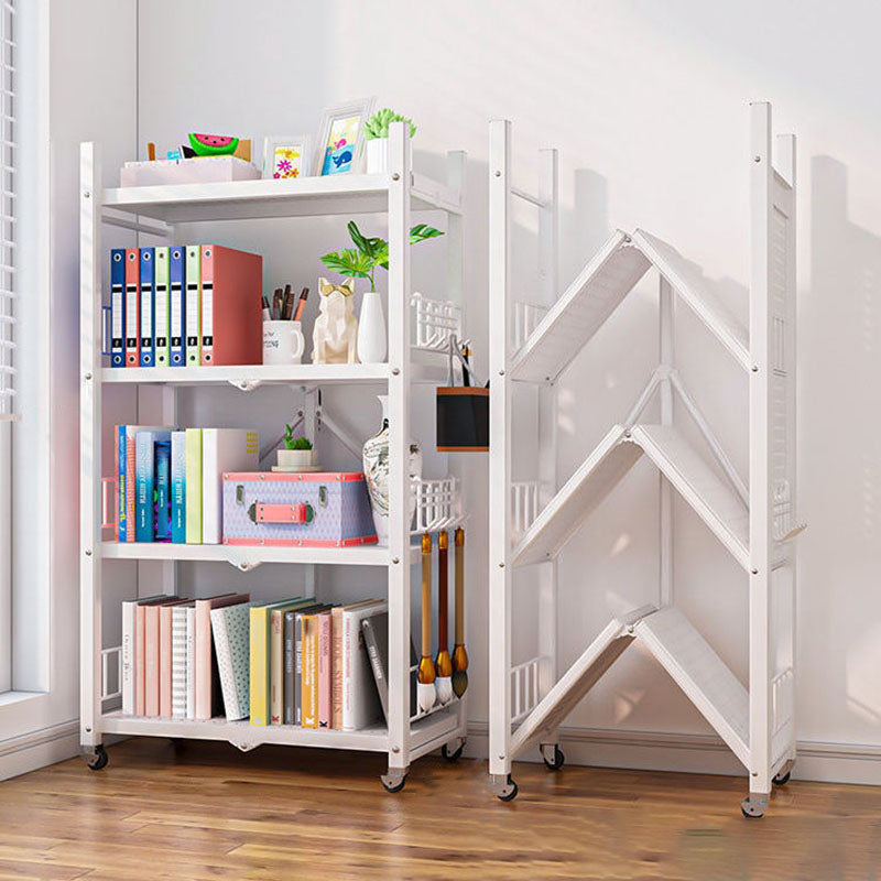 Contemporary Folding Steel Etagere Bookshelf with Caster Wheels 28.3"L x 14.6"W x 47.6"H White Clearhalo 'Bookcases' 'furn' 'furn_bookcases' 'Furniture' 'furniture_bookcases' 'kitchen' 'kitchen_bookcases' 'Living Room Furniture' 'Office Furniture' 4727130