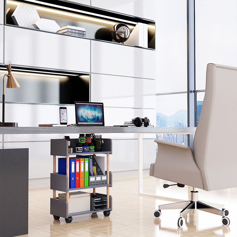 3-Shelf Manufactured Wood Etagere Bookshelf with Caster Wheels Grey Clearhalo 'Bookcases' 'furn' 'furn_bookcases' 'Furniture' 'furniture_bookcases' 'kitchen' 'kitchen_bookcases' 'Living Room Furniture' 'Office Furniture' 4727141