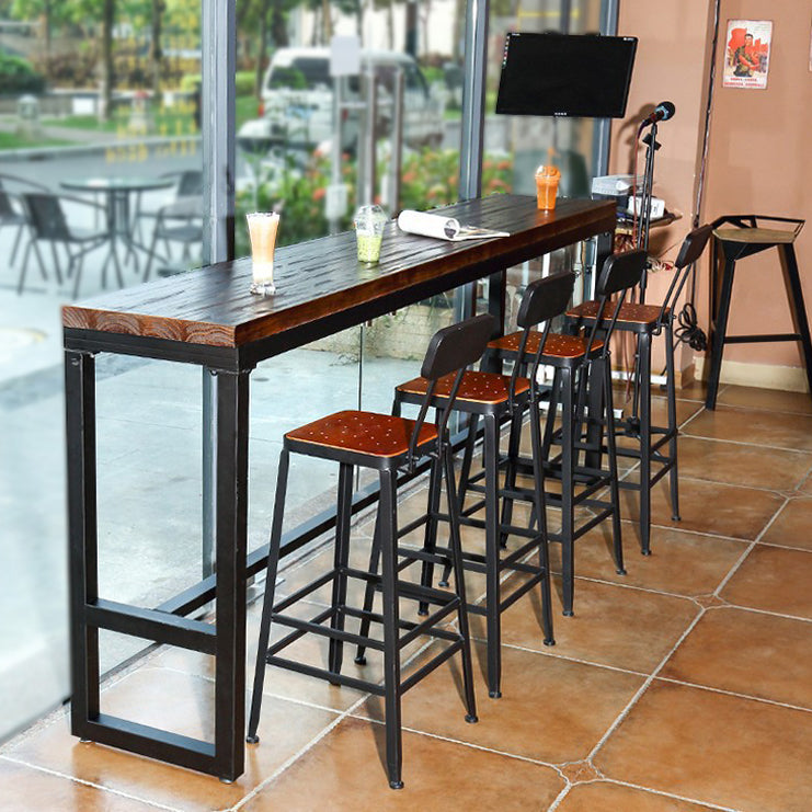 Dark Brown Modern Style Bar Table in Solid Wood and Metal Balcony Bar Table 86.6"L x 15.7"W x 41.3"H Without Chairs Clearhalo 'Bar Furniture' 'Bar Tables' 'bar_tables' 'furn' 'furn_bar_tables' 'Furniture' 'furniture_bar_tables' 'Kitchen & Dining Furniture' 4729528