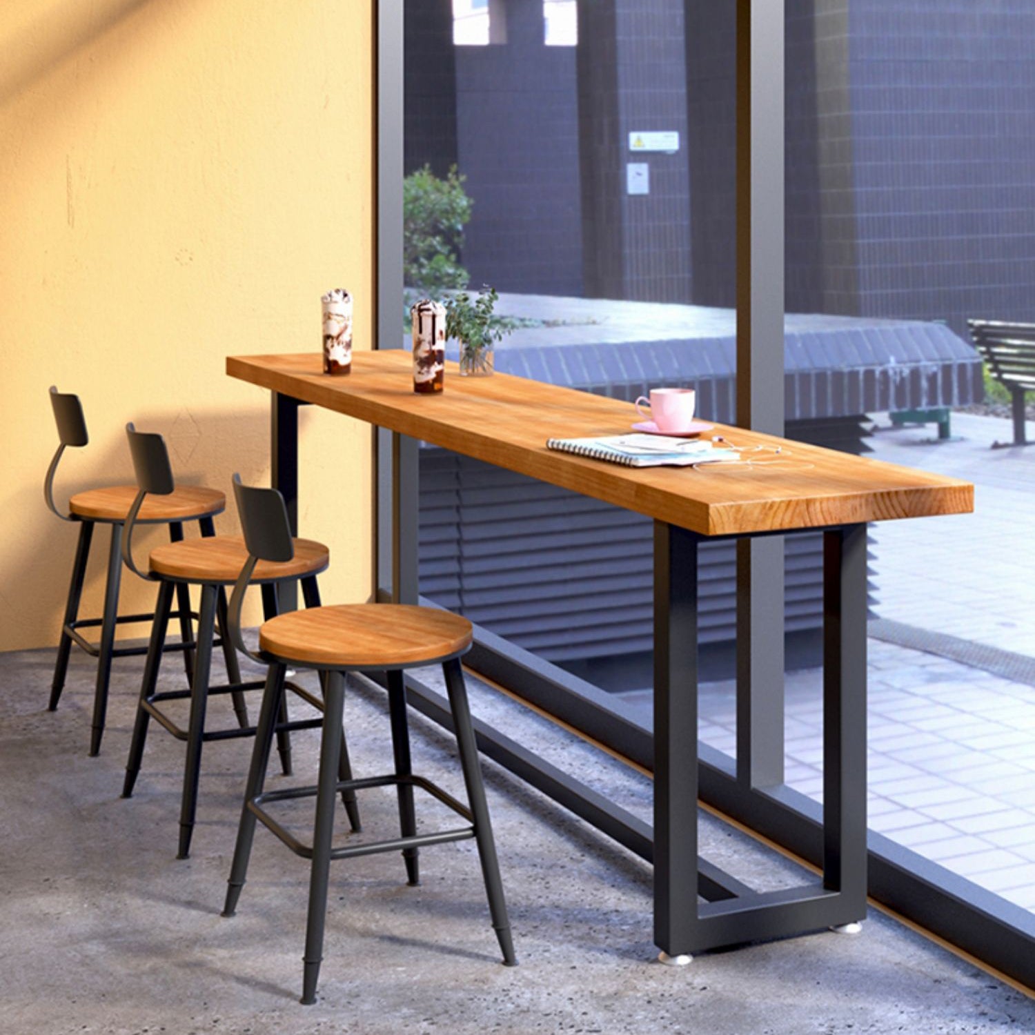 Brown Modern Style Bar Table Solid Wood and Iron with Trestle Coffee Shop Bar Table Clearhalo 'Bar Furniture' 'Bar Tables' 'bar_tables' 'furn' 'furn_bar_tables' 'Furniture' 'furniture_bar_tables' 'Kitchen & Dining Furniture' 4729570