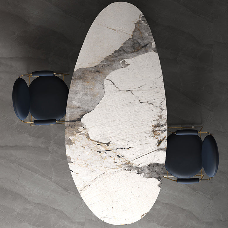 Glam 1/2/3/4/6/7 Pieces Dining Set Oval Shape Sintered Stone Dining Table Set 3 Pieces: Table, 2 Blue Chairs Clearhalo 'Dining Room Sets' 'Dining Tables & Seating' 'dining_room_set' 'furn' 'furn_dining_room_set' 'Furniture' 'furniture_dining_room_set' 'Kitchen & Dining Furniture' 4730769