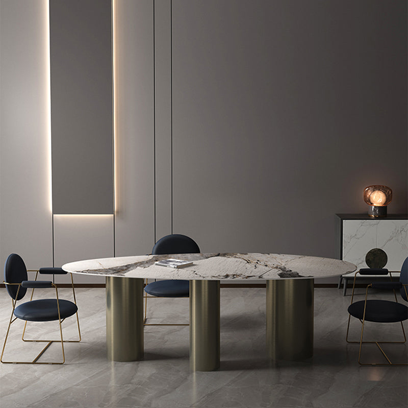 Glam 1/2/3/4/6/7 Pieces Dining Set Oval Shape Sintered Stone Dining Table Set 4 Pieces: Table, 3 Blue Chairs Clearhalo 'Dining Room Sets' 'Dining Tables & Seating' 'dining_room_set' 'furn' 'furn_dining_room_set' 'Furniture' 'furniture_dining_room_set' 'Kitchen & Dining Furniture' 4730772