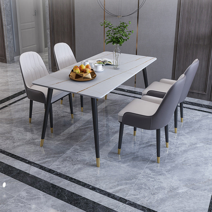 Modern 1/2/5/6/7 Pieces Dinette Set Rectangle Dining Table Set 5 Pieces: White-Gold Table, 4 Grey Chairs Clearhalo 'Dining Room Sets' 'Dining Tables & Seating' 'dining_room_set' 'furn' 'furn_dining_room_set' 'Furniture' 'furniture_dining_room_set' 'Kitchen & Dining Furniture' 4730872