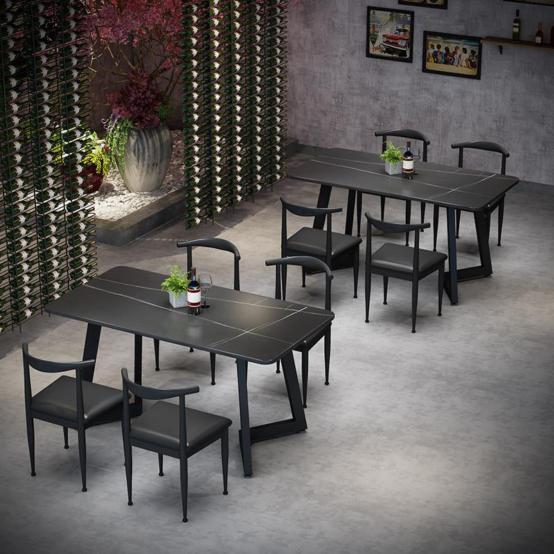 Sintered Stone Dining Table Black Industrial Style Dining Table with Metal Base Double Pedestal 47.2"L x 23.6"W x 29.5"H Without Chairs Clearhalo 'Dining Tables & Seating' 'Dining Tables' 'dining_table' 'furn' 'furn_dining_table' 'Furniture' 'furniture_dining_table' 'Kitchen & Dining Furniture' 'kitchen' 'kitchen_dining_table' 4731181