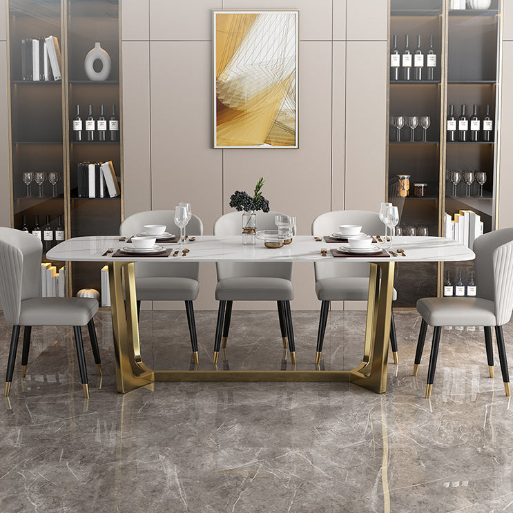 Luxury Sintered Stone Top Table Rectangle Table with Trestle Base in Gold 55.1"L x 31.5"W x 29.5"H Without Chairs Clearhalo 'Dining Tables & Seating' 'Dining Tables' 'dining_table' 'furn' 'furn_dining_table' 'Furniture' 'furniture_dining_table' 'Kitchen & Dining Furniture' 'kitchen' 'kitchen_dining_table' 4731201
