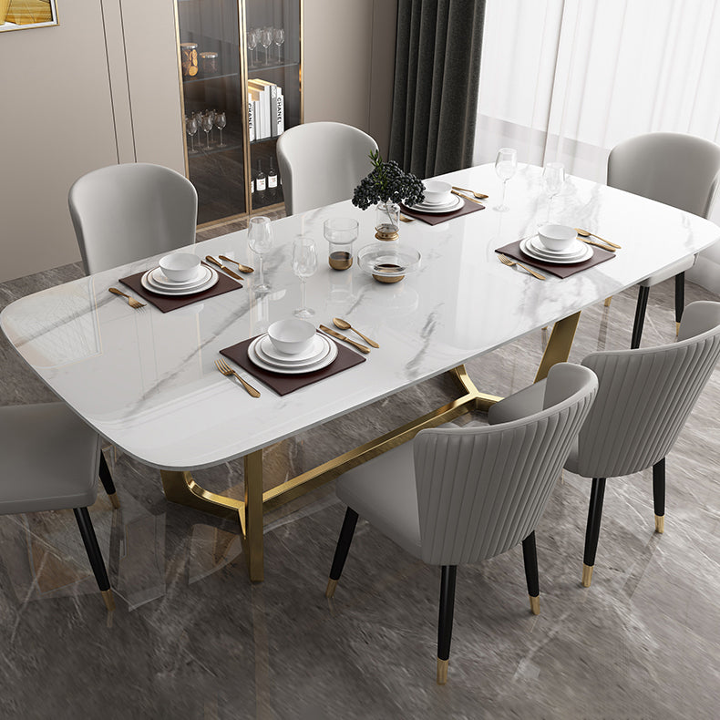 Luxury Sintered Stone Top Table Rectangle Table with Trestle Base in Gold 70.9"L x 35.4"W x 29.5"H Without Chairs Clearhalo 'Dining Tables & Seating' 'Dining Tables' 'dining_table' 'furn' 'furn_dining_table' 'Furniture' 'furniture_dining_table' 'Kitchen & Dining Furniture' 'kitchen' 'kitchen_dining_table' 4731202