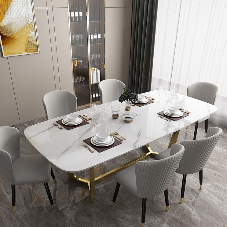Luxury Sintered Stone Top Table Rectangle Table with Trestle Base in Gold 51.2"L x 27.6"W x 29.5"H Without Chairs Clearhalo 'Dining Tables & Seating' 'Dining Tables' 'dining_table' 'furn' 'furn_dining_table' 'Furniture' 'furniture_dining_table' 'Kitchen & Dining Furniture' 'kitchen' 'kitchen_dining_table' 4731203