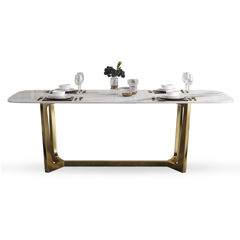 Luxury Sintered Stone Top Table Rectangle Table with Trestle Base in Gold Without Chairs Clearhalo 'Dining Tables & Seating' 'Dining Tables' 'dining_table' 'furn' 'furn_dining_table' 'Furniture' 'furniture_dining_table' 'Kitchen & Dining Furniture' 'kitchen' 'kitchen_dining_table' 4731205