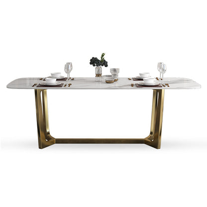 Luxury Sintered Stone Top Table Rectangle Table with Trestle Base in Gold Without Chairs Clearhalo 'Dining Tables & Seating' 'Dining Tables' 'dining_table' 'furn' 'furn_dining_table' 'Furniture' 'furniture_dining_table' 'Kitchen & Dining Furniture' 'kitchen' 'kitchen_dining_table' 4731205