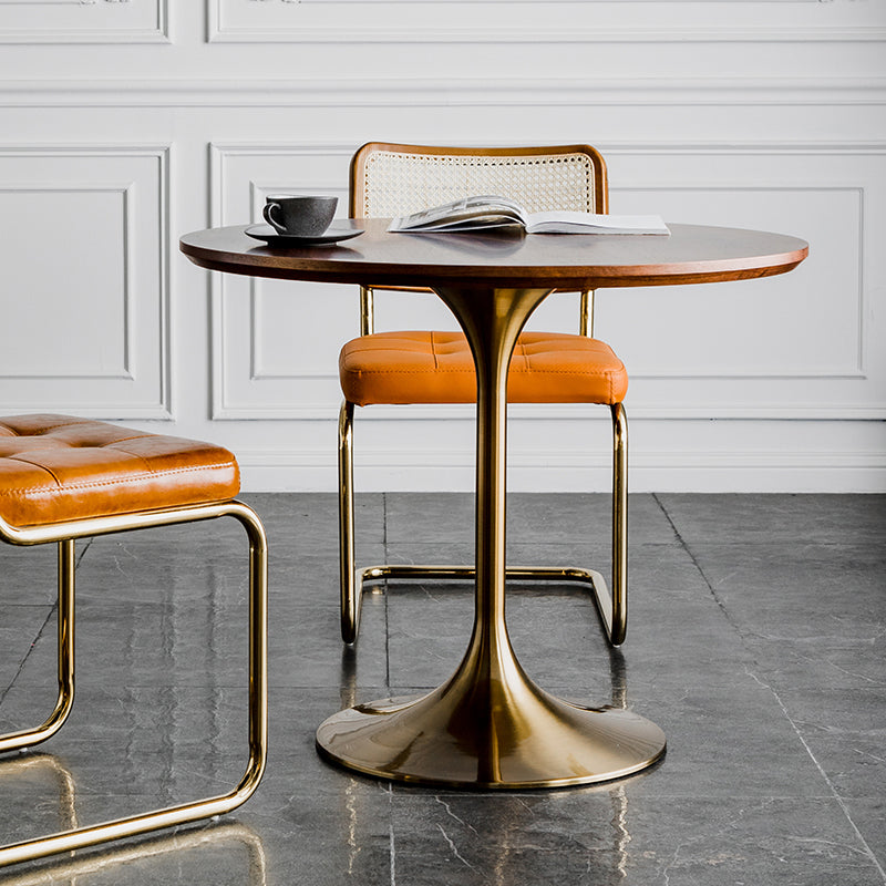 Modern Round Wood Dining Table Tulip Base Home Kitchen Dinner Dining Table Gold-Brown 31.5"L x 31.5"W x 29.5"H Without Chairs Clearhalo 'Dining Tables & Seating' 'Dining Tables' 'dining_table' 'furn' 'furn_dining_table' 'Furniture' 'furniture_dining_table' 'Kitchen & Dining Furniture' 'kitchen' 'kitchen_dining_table' 4731272