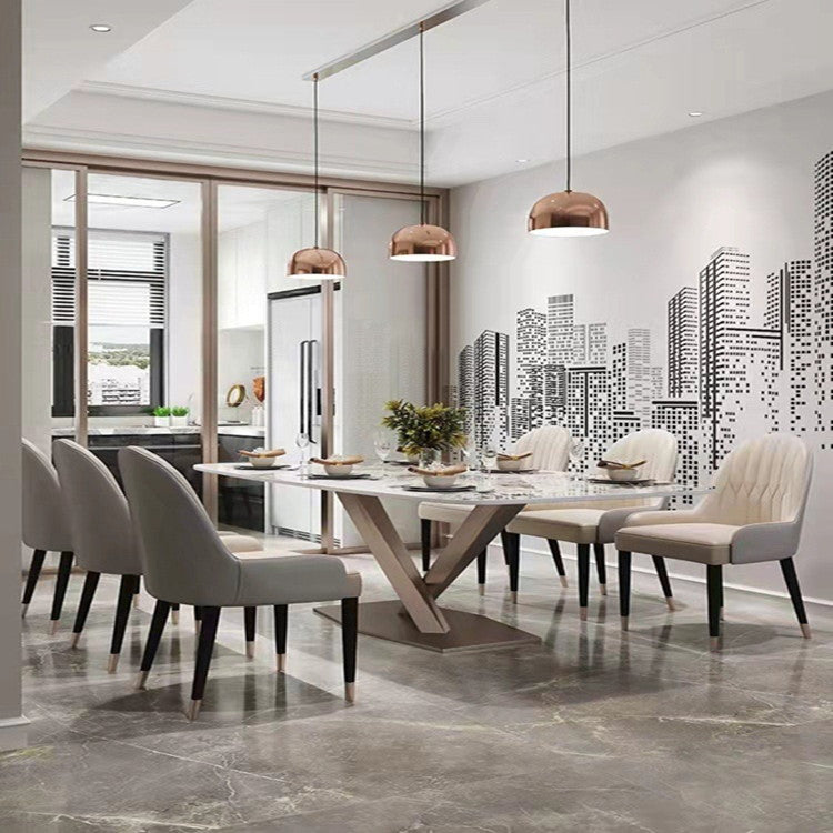 Stone White Top Dining Table Traditional Luxury Table with Pedestal Base Violet 78.7"L x 35.4"W x 29.5"H Without Chairs Clearhalo 'Dining Tables & Seating' 'Dining Tables' 'dining_table' 'furn' 'furn_dining_table' 'Furniture' 'furniture_dining_table' 'Kitchen & Dining Furniture' 'kitchen' 'kitchen_dining_table' 4731365