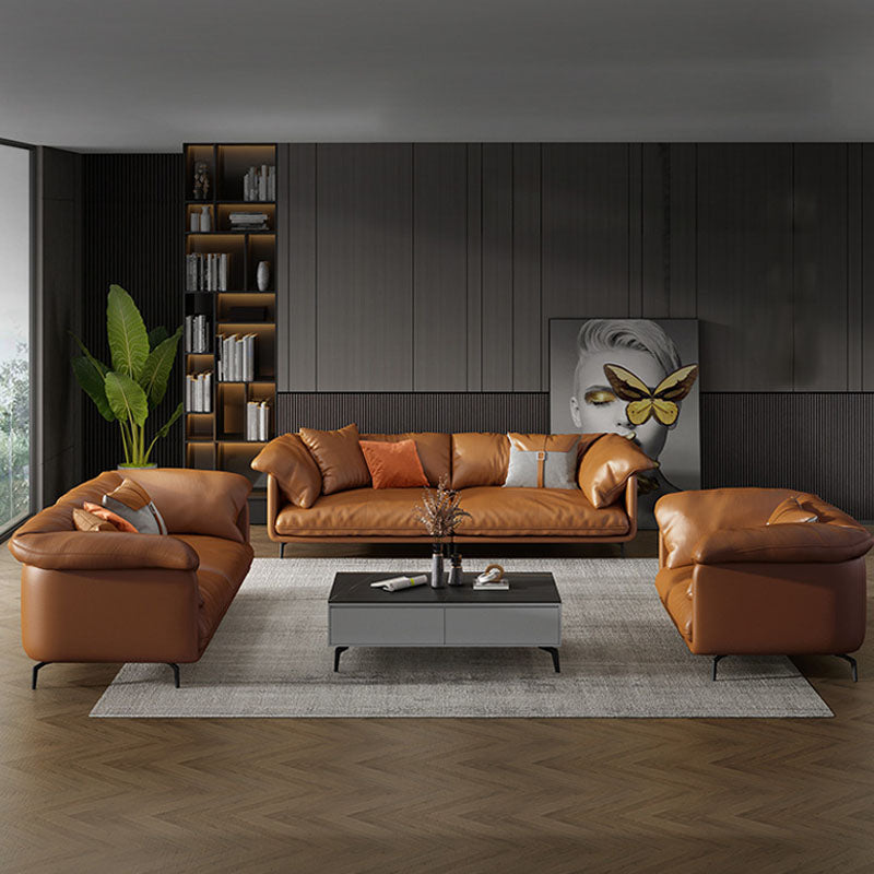 Orange Sofa with Pillow Back and Sponge Seat Filled with Wood Leather/imitation Leather Clearhalo 'furn' 'furn_sofas' 'Furniture' 'furniture_sofas' 'kitchen' 'kitchen_sofas' 'Living Room Furniture' 'Sofa' 'sofas' 4740697