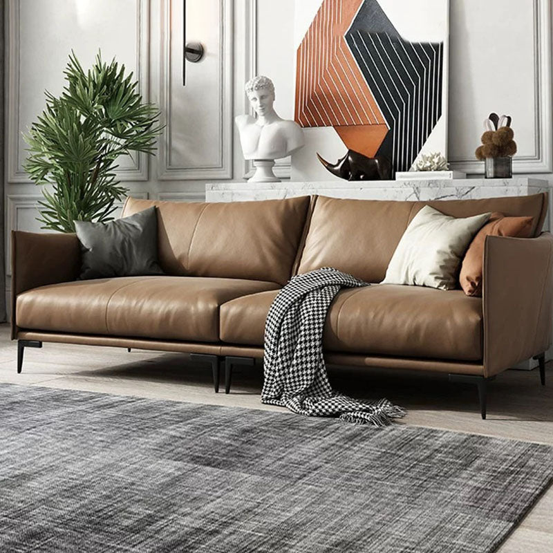 Wooden Leather/cowhide Brown Rectangular Sofa with Latex Upholstery Clearhalo 'furn' 'furn_sofas' 'Furniture' 'furniture_sofas' 'kitchen' 'kitchen_sofas' 'Living Room Furniture' 'Sofa' 'sofas' 4740839