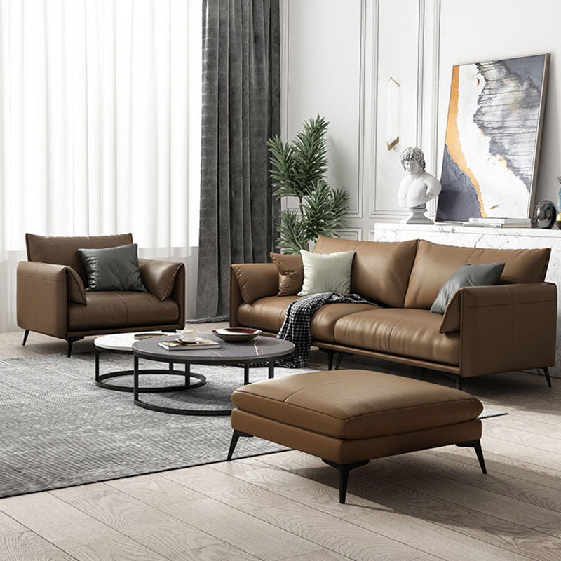 Wooden Leather/cowhide Brown Rectangular Sofa with Latex Upholstery Clearhalo 'furn' 'furn_sofas' 'Furniture' 'furniture_sofas' 'kitchen' 'kitchen_sofas' 'Living Room Furniture' 'Sofa' 'sofas' 4740840