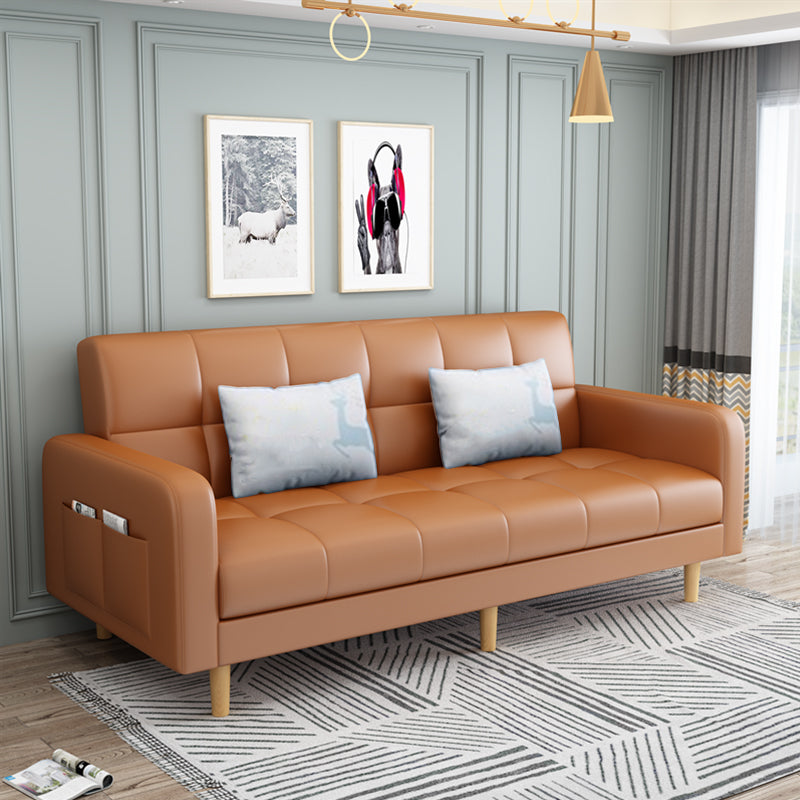 Convertible Biscuit Back Sofa Bed 32.28"High Square Arm Sofa for Apartment Orange Faux Leather Clearhalo 'furn' 'furn_sofas' 'Furniture' 'furniture_sofas' 'kitchen' 'kitchen_sofas' 'Living Room Furniture' 'Sofa' 'sofas' 4741191