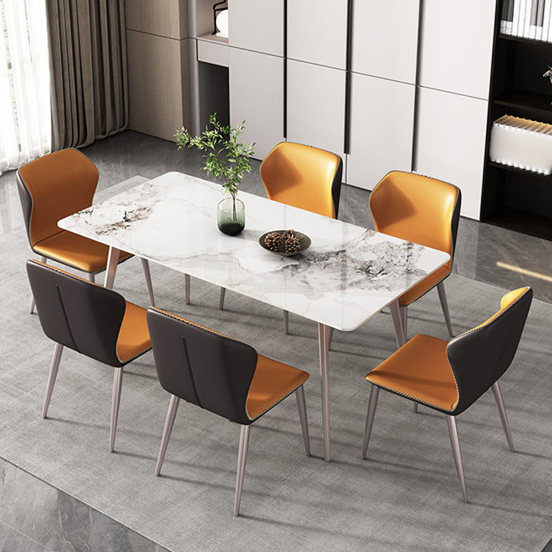 Modern 1/3/4/5/7 Pieces Dinette Set with White Sintered Stone Rectangle Dining Table Set 7 Pieces: Table, 6 Orange Chairs Clearhalo 'Dining Room Sets' 'Dining Tables & Seating' 'dining_room_set' 'furn' 'furn_dining_room_set' 'Furniture' 'furniture_dining_room_set' 'Kitchen & Dining Furniture' 4745171