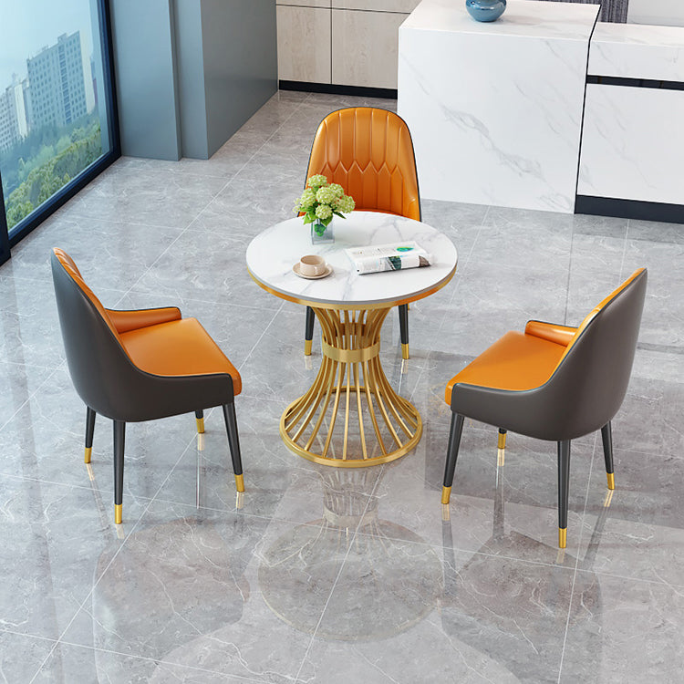 Glam Style 1/2/3/4/5 Pieces Dining Set Sintered Stone Dining Table Set 4 Pieces: White-gold Table, 3 Orange Chairs Clearhalo 'Dining Room Sets' 'Dining Tables & Seating' 'dining_room_set' 'furn' 'furn_dining_room_set' 'Furniture' 'furniture_dining_room_set' 'Kitchen & Dining Furniture' 4745437