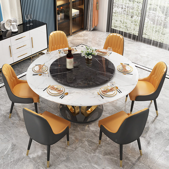 Glam 1/4/7 Pieces Round Dinette Set Sintered Stone Top Dining Table Set with Turntable 7 Pieces: Table, 6 Orange Chairs Clearhalo 'Dining Room Sets' 'Dining Tables & Seating' 'dining_room_set' 'furn' 'furn_dining_room_set' 'Furniture' 'furniture_dining_room_set' 'Kitchen & Dining Furniture' 4745458