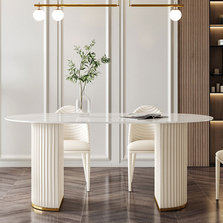 Stone Top Dining Table Oval Dining Table with Sled Base in White Clearhalo 'Dining Tables & Seating' 'Dining Tables' 'dining_table' 'furn' 'furn_dining_table' 'Furniture' 'furniture_dining_table' 'Kitchen & Dining Furniture' 'kitchen' 'kitchen_dining_table' 4745535