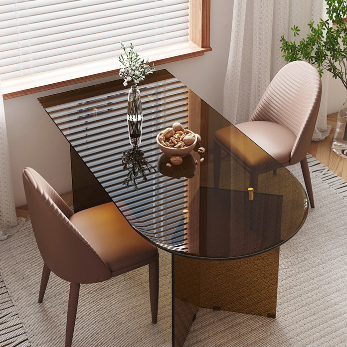 Glass Top Dining Table Modern Table with Double Pedestal Base Brown 47.2"L x 27.6"W x 29.5"H Without Chairs Clearhalo 'Dining Tables & Seating' 'Dining Tables' 'dining_table' 'furn' 'furn_dining_table' 'Furniture' 'furniture_dining_table' 'Kitchen & Dining Furniture' 'kitchen' 'kitchen_dining_table' 4745539