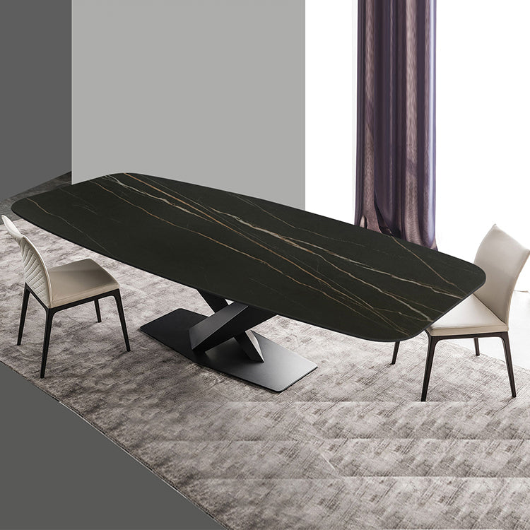 Sintered Stone Rectangle Dining Table Industrial Black Kitchen Table with Pedestal Base 55.1"L x 31.5"W x 29.5"H Without Chairs Clearhalo 'Dining Tables & Seating' 'Dining Tables' 'dining_table' 'furn' 'furn_dining_table' 'Furniture' 'furniture_dining_table' 'Kitchen & Dining Furniture' 'kitchen' 'kitchen_dining_table' 4745656