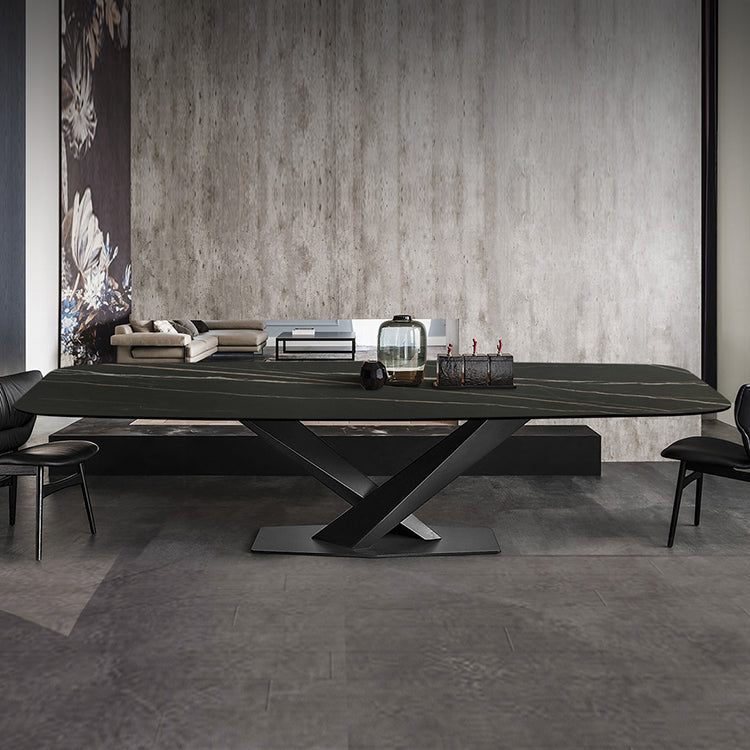 Sintered Stone Rectangle Dining Table Industrial Black Kitchen Table with Pedestal Base 78.7"L x 39.4"W x 29.5"H Without Chairs Clearhalo 'Dining Tables & Seating' 'Dining Tables' 'dining_table' 'furn' 'furn_dining_table' 'Furniture' 'furniture_dining_table' 'Kitchen & Dining Furniture' 'kitchen' 'kitchen_dining_table' 4745657