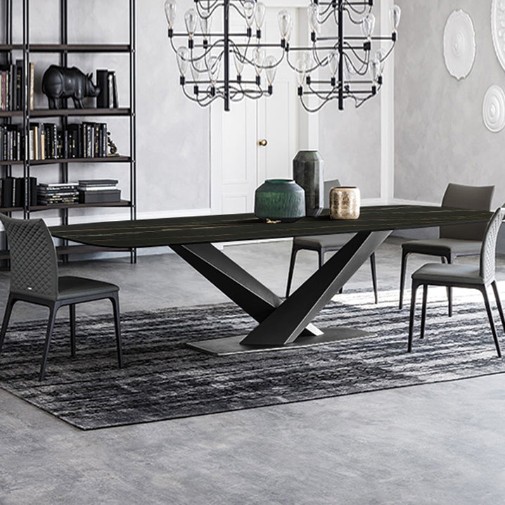 Sintered Stone Rectangle Dining Table Industrial Black Kitchen Table with Pedestal Base 70.9"L x 35.4"W x 29.5"H Without Chairs Clearhalo 'Dining Tables & Seating' 'Dining Tables' 'dining_table' 'furn' 'furn_dining_table' 'Furniture' 'furniture_dining_table' 'Kitchen & Dining Furniture' 'kitchen' 'kitchen_dining_table' 4745658