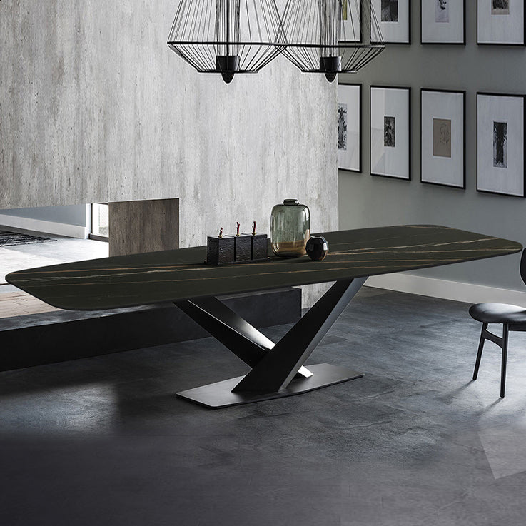 Sintered Stone Rectangle Dining Table Industrial Black Kitchen Table with Pedestal Base 63"L x 31.5"W x 29.5"H Without Chairs Clearhalo 'Dining Tables & Seating' 'Dining Tables' 'dining_table' 'furn' 'furn_dining_table' 'Furniture' 'furniture_dining_table' 'Kitchen & Dining Furniture' 'kitchen' 'kitchen_dining_table' 4745659