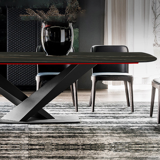 Sintered Stone Rectangle Dining Table Industrial Black Kitchen Table with Pedestal Base Clearhalo 'Dining Tables & Seating' 'Dining Tables' 'dining_table' 'furn' 'furn_dining_table' 'Furniture' 'furniture_dining_table' 'Kitchen & Dining Furniture' 'kitchen' 'kitchen_dining_table' 4745663