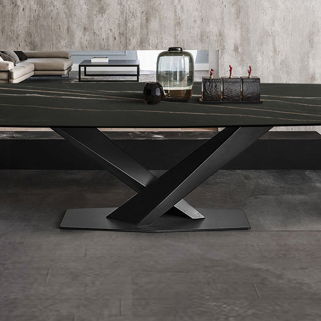 Sintered Stone Rectangle Dining Table Industrial Black Kitchen Table with Pedestal Base Clearhalo 'Dining Tables & Seating' 'Dining Tables' 'dining_table' 'furn' 'furn_dining_table' 'Furniture' 'furniture_dining_table' 'Kitchen & Dining Furniture' 'kitchen' 'kitchen_dining_table' 4745664