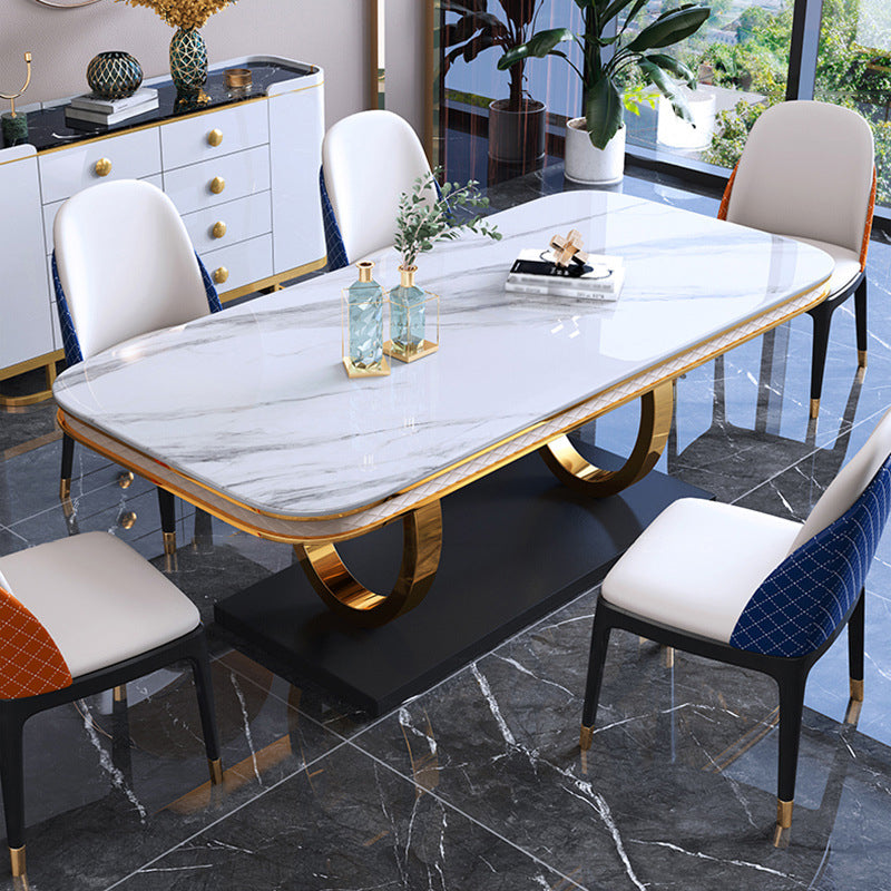 Stone Top Dining Table Traditional Luxury Table with Pedestal in Gold White Without Chairs Clearhalo 'Dining Tables & Seating' 'Dining Tables' 'dining_table' 'furn' 'furn_dining_table' 'Furniture' 'furniture_dining_table' 'Kitchen & Dining Furniture' 'kitchen' 'kitchen_dining_table' 4745757