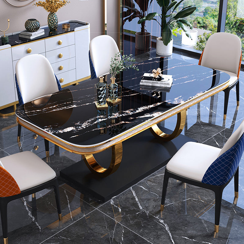 Stone Top Dining Table Traditional Luxury Table with Pedestal in Gold Black 55.1"L x 31.5"W x 29.5"H Without Chairs Clearhalo 'Dining Tables & Seating' 'Dining Tables' 'dining_table' 'furn' 'furn_dining_table' 'Furniture' 'furniture_dining_table' 'Kitchen & Dining Furniture' 'kitchen' 'kitchen_dining_table' 4745759