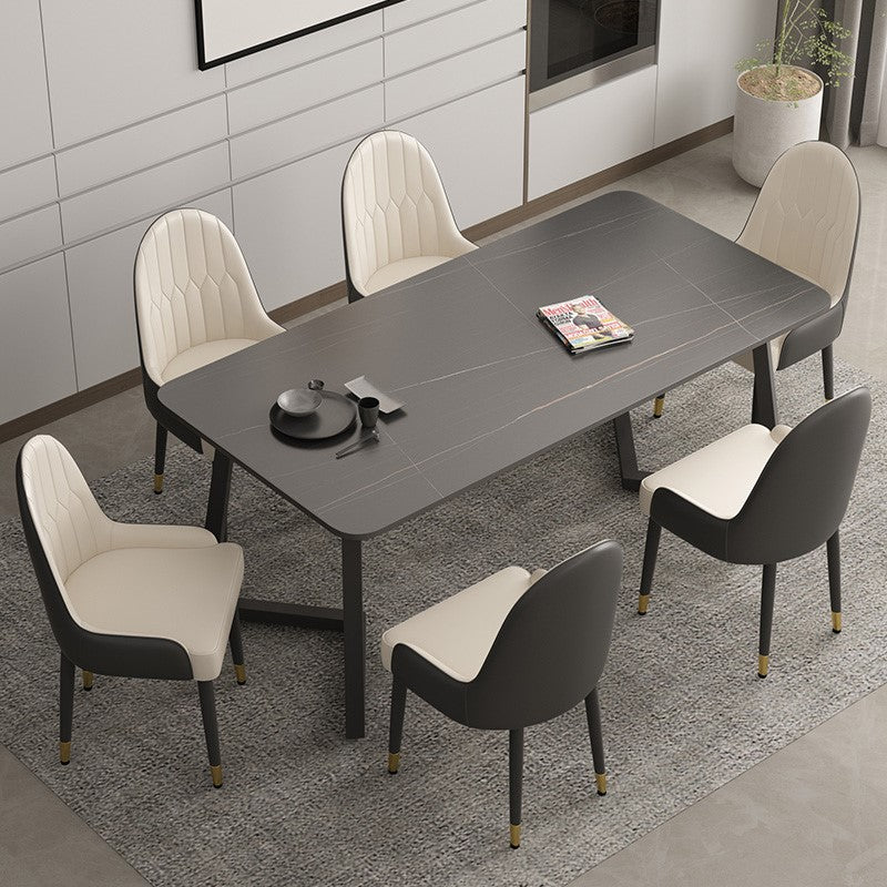 Rectangle Sintered Stone Table for Restaurant Industrial Dining Table with Double Pedestal Black 55.1"L x 31.5"W x 29.5"H Without Chairs Clearhalo 'Dining Tables & Seating' 'Dining Tables' 'dining_table' 'furn' 'furn_dining_table' 'Furniture' 'furniture_dining_table' 'Kitchen & Dining Furniture' 'kitchen' 'kitchen_dining_table' 4745770
