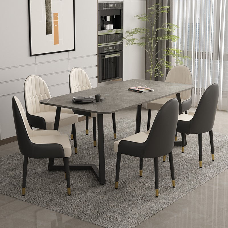 Rectangle Sintered Stone Table for Restaurant Industrial Dining Table with Double Pedestal Gray 51.2"L x 27.6"W x 29.5"H Without Chairs Clearhalo 'Dining Tables & Seating' 'Dining Tables' 'dining_table' 'furn' 'furn_dining_table' 'Furniture' 'furniture_dining_table' 'Kitchen & Dining Furniture' 'kitchen' 'kitchen_dining_table' 4745772