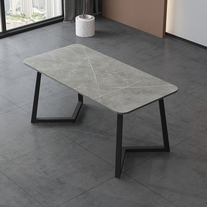 Rectangle Sintered Stone Table for Restaurant Industrial Dining Table with Double Pedestal Gray 63"L x 31.5"W x 29.5"H Without Chairs Clearhalo 'Dining Tables & Seating' 'Dining Tables' 'dining_table' 'furn' 'furn_dining_table' 'Furniture' 'furniture_dining_table' 'Kitchen & Dining Furniture' 'kitchen' 'kitchen_dining_table' 4745778