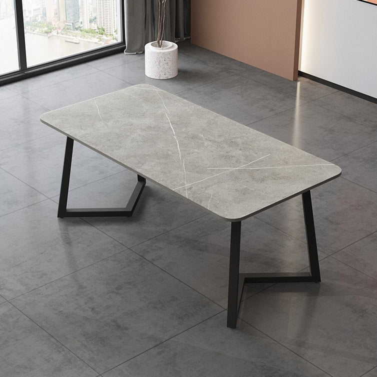 Rectangle Sintered Stone Table for Restaurant Industrial Dining Table with Double Pedestal Gray 70.9"L x 35.4"W x 29.5"H Without Chairs Clearhalo 'Dining Tables & Seating' 'Dining Tables' 'dining_table' 'furn' 'furn_dining_table' 'Furniture' 'furniture_dining_table' 'Kitchen & Dining Furniture' 'kitchen' 'kitchen_dining_table' 4745785
