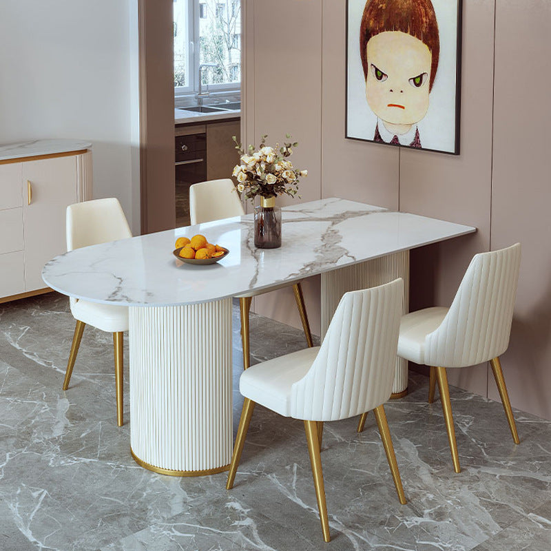 Sintered Stone Top White Table for Restaurant Modern Dining Table with Double Pedestal Free Form 51.2"L x 27.6"W x 29.5"H Without Chairs Clearhalo 'Dining Tables & Seating' 'Dining Tables' 'dining_table' 'furn' 'furn_dining_table' 'Furniture' 'furniture_dining_table' 'Kitchen & Dining Furniture' 'kitchen' 'kitchen_dining_table' 4745853
