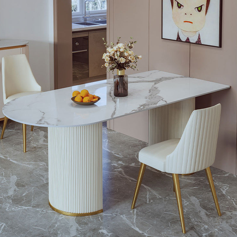 Sintered Stone Top White Table for Restaurant Modern Dining Table with Double Pedestal Free Form 59.1"L x 31.5"W x 29.5"H Without Chairs Clearhalo 'Dining Tables & Seating' 'Dining Tables' 'dining_table' 'furn' 'furn_dining_table' 'Furniture' 'furniture_dining_table' 'Kitchen & Dining Furniture' 'kitchen' 'kitchen_dining_table' 4745854