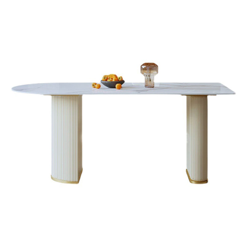 Sintered Stone Top White Table for Restaurant Modern Dining Table with Double Pedestal Free Form 63"L x 31.5"W x 29.5"H Without Chairs Clearhalo 'Dining Tables & Seating' 'Dining Tables' 'dining_table' 'furn' 'furn_dining_table' 'Furniture' 'furniture_dining_table' 'Kitchen & Dining Furniture' 'kitchen' 'kitchen_dining_table' 4745855