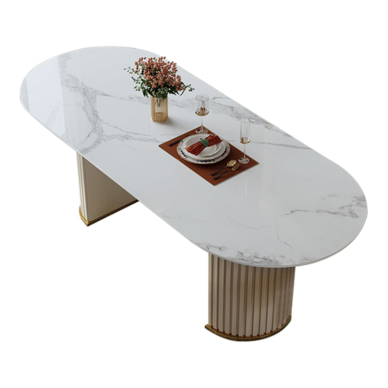 Sintered Stone Top White Table for Restaurant Modern Dining Table with Double Pedestal Oval Without Chairs Clearhalo 'Dining Tables & Seating' 'Dining Tables' 'dining_table' 'furn' 'furn_dining_table' 'Furniture' 'furniture_dining_table' 'Kitchen & Dining Furniture' 'kitchen' 'kitchen_dining_table' 4745860