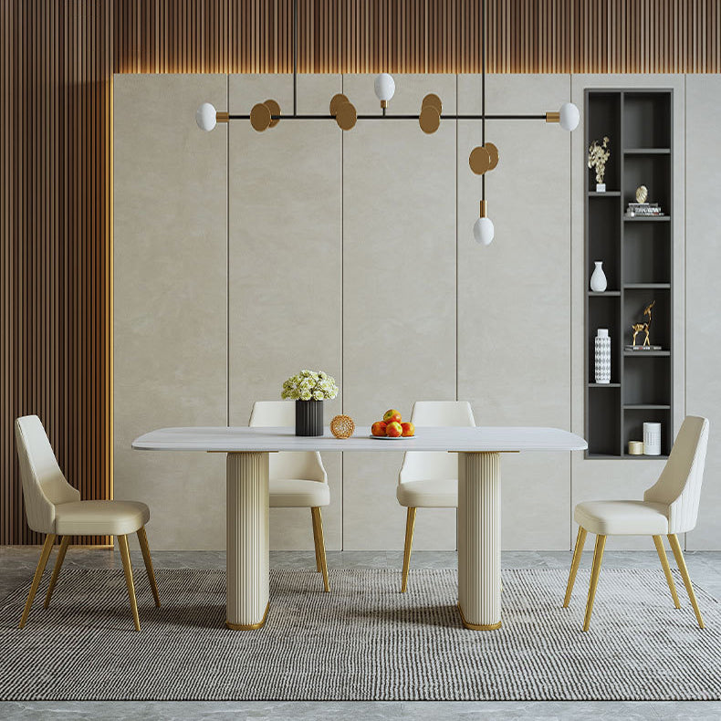 Sintered Stone Top White Table for Restaurant Modern Dining Table with Double Pedestal Clearhalo 'Dining Tables & Seating' 'Dining Tables' 'dining_table' 'furn' 'furn_dining_table' 'Furniture' 'furniture_dining_table' 'Kitchen & Dining Furniture' 'kitchen' 'kitchen_dining_table' 4745861