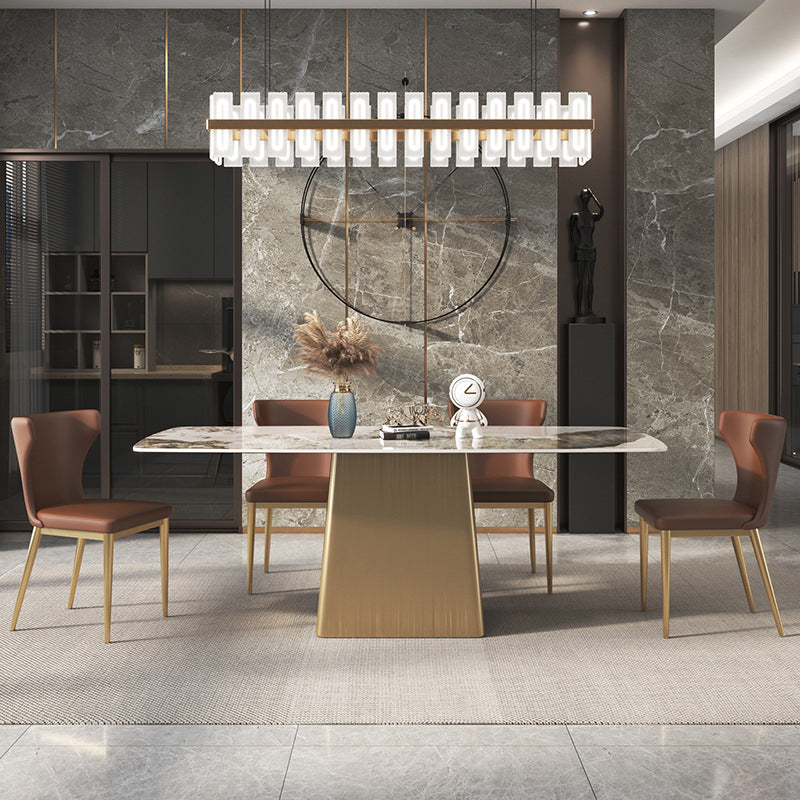 Sintered Stone Top Luxury Table for Restaurant Rectangle Dining Table with Pedestal Base Pandora Gold 51.2"L x 27.6"W x 29.5"H Without Chairs Clearhalo 'Dining Tables & Seating' 'Dining Tables' 'dining_table' 'furn' 'furn_dining_table' 'Furniture' 'furniture_dining_table' 'Kitchen & Dining Furniture' 'kitchen' 'kitchen_dining_table' 4745925