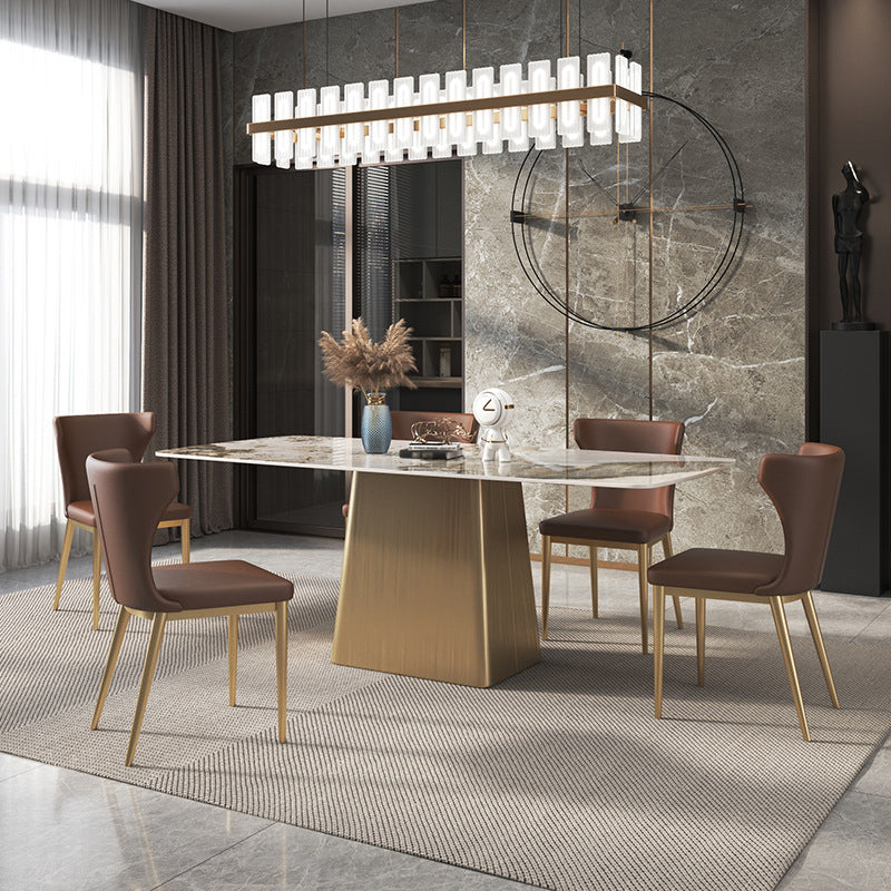 Sintered Stone Top Luxury Table for Restaurant Rectangle Dining Table with Pedestal Base Pandora Gold 55.1"L x 31.5"W x 29.5"H Without Chairs Clearhalo 'Dining Tables & Seating' 'Dining Tables' 'dining_table' 'furn' 'furn_dining_table' 'Furniture' 'furniture_dining_table' 'Kitchen & Dining Furniture' 'kitchen' 'kitchen_dining_table' 4745926