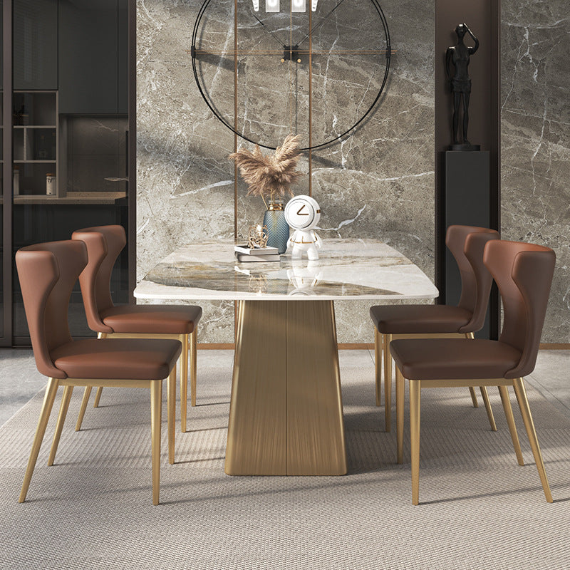Sintered Stone Top Luxury Table for Restaurant Rectangle Dining Table with Pedestal Base Pandora Gold 63"L x 35.4"W x 29.5"H Without Chairs Clearhalo 'Dining Tables & Seating' 'Dining Tables' 'dining_table' 'furn' 'furn_dining_table' 'Furniture' 'furniture_dining_table' 'Kitchen & Dining Furniture' 'kitchen' 'kitchen_dining_table' 4745927
