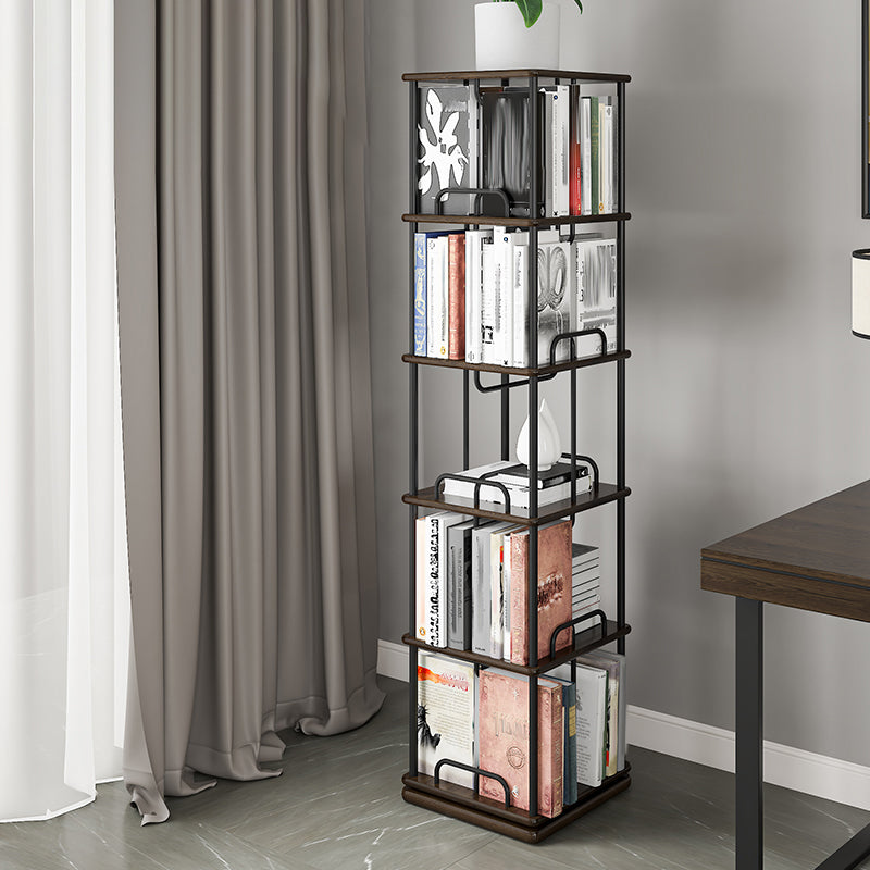 Glam Open Etagere Bookshelf Iron Frame Rubber Wood Shelf Bookshelf 15.7"L x 15.7"W x 68.7"H Brown Black Clearhalo 'Bookcases' 'furn' 'furn_bookcases' 'Furniture' 'furniture_bookcases' 'kitchen' 'kitchen_bookcases' 'Living Room Furniture' 'Office Furniture' 4749887