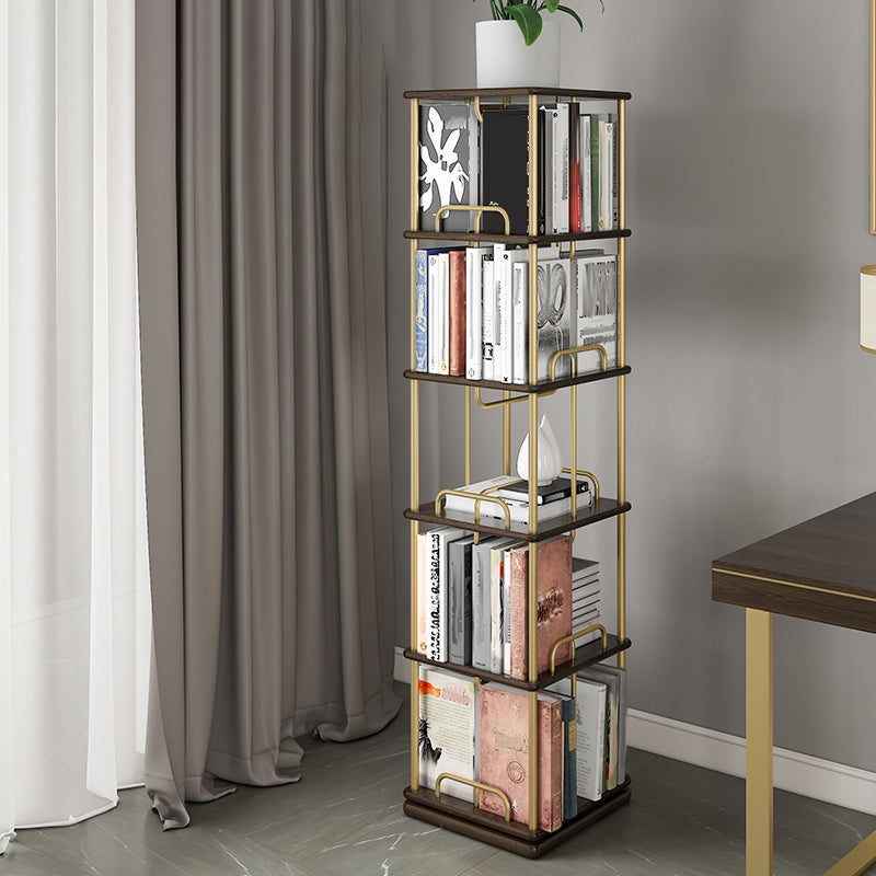 Glam Open Etagere Bookshelf Iron Frame Rubber Wood Shelf Bookshelf 15.7"L x 15.7"W x 68.7"H Black-Gold Clearhalo 'Bookcases' 'furn' 'furn_bookcases' 'Furniture' 'furniture_bookcases' 'kitchen' 'kitchen_bookcases' 'Living Room Furniture' 'Office Furniture' 4749893