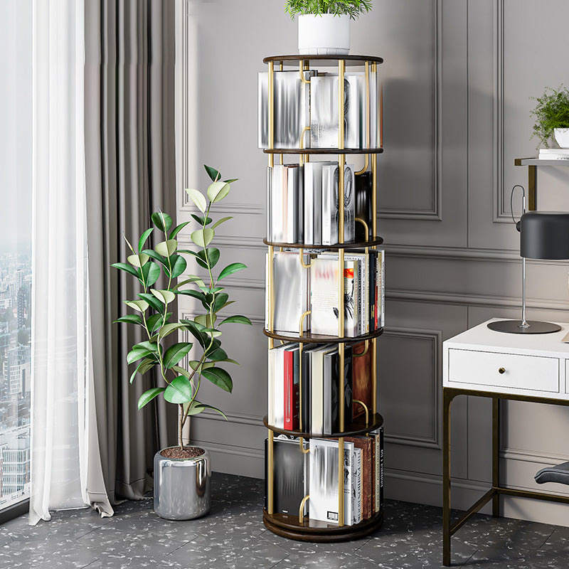 Glam Open Etagere Bookshelf Iron Frame Rubber Wood Shelf Bookshelf 17.7"L x 17.7"W x 68.6"H Black-Gold Clearhalo 'Bookcases' 'furn' 'furn_bookcases' 'Furniture' 'furniture_bookcases' 'kitchen' 'kitchen_bookcases' 'Living Room Furniture' 'Office Furniture' 4749899